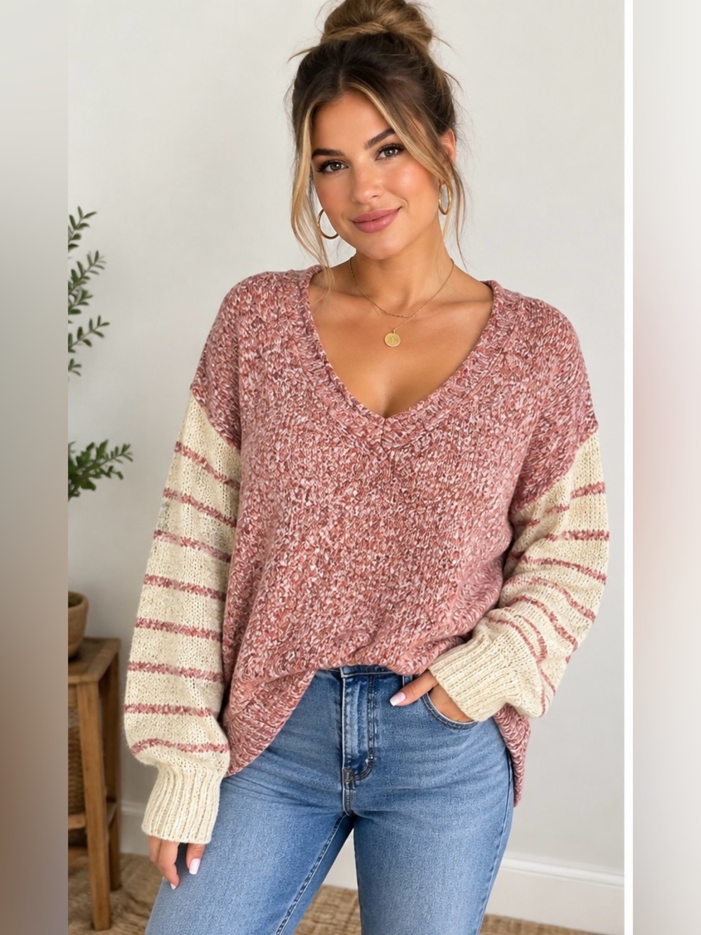 Pol ColorBlock Sweater Knit V-Neck Long Sleeves Size Small Oversized
